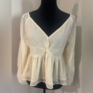 American Eagle Outfitter Swiss Dot Peplum V Neck Long Sleeve Blouse Cream Size M